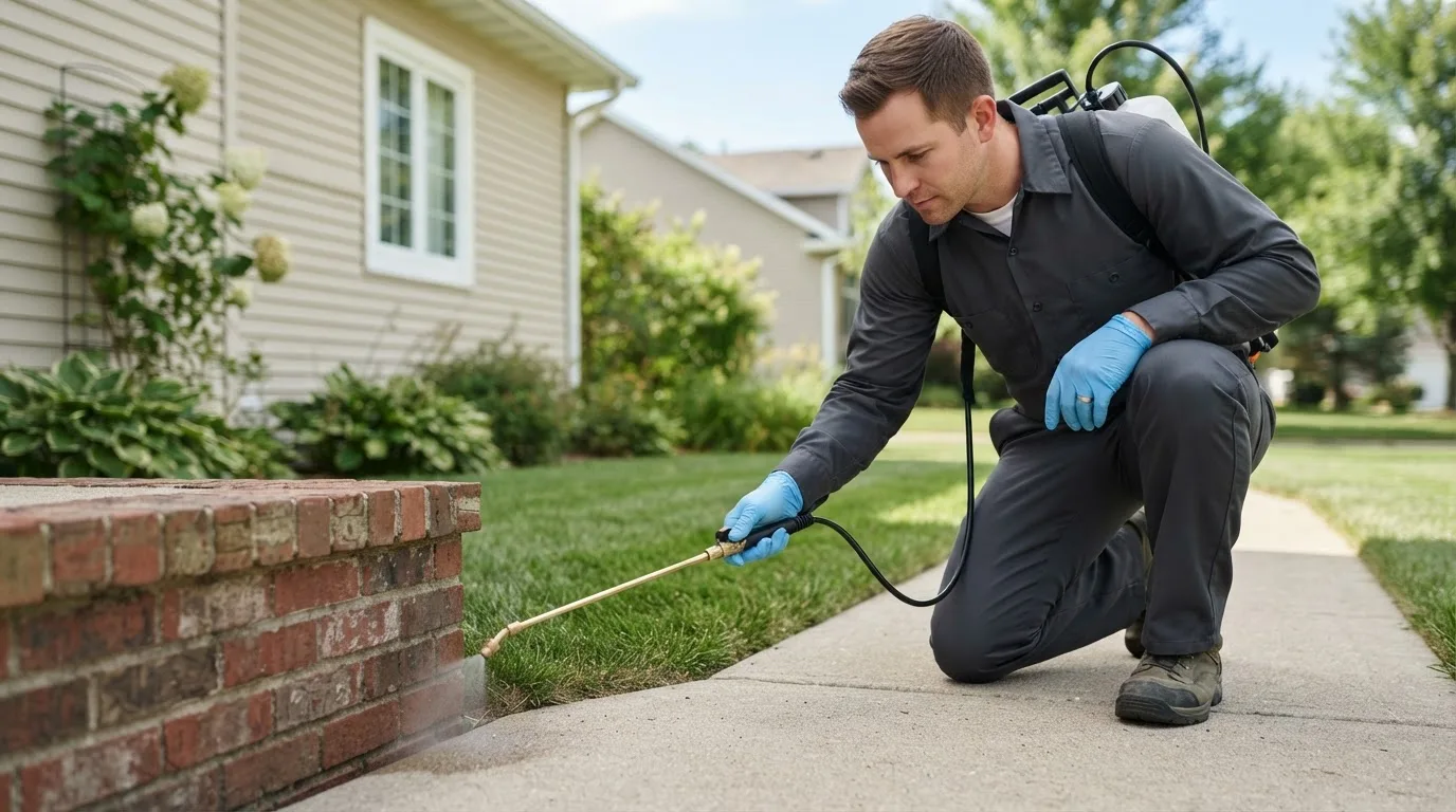 Pest control technician treating a home near De Kalb, MS
